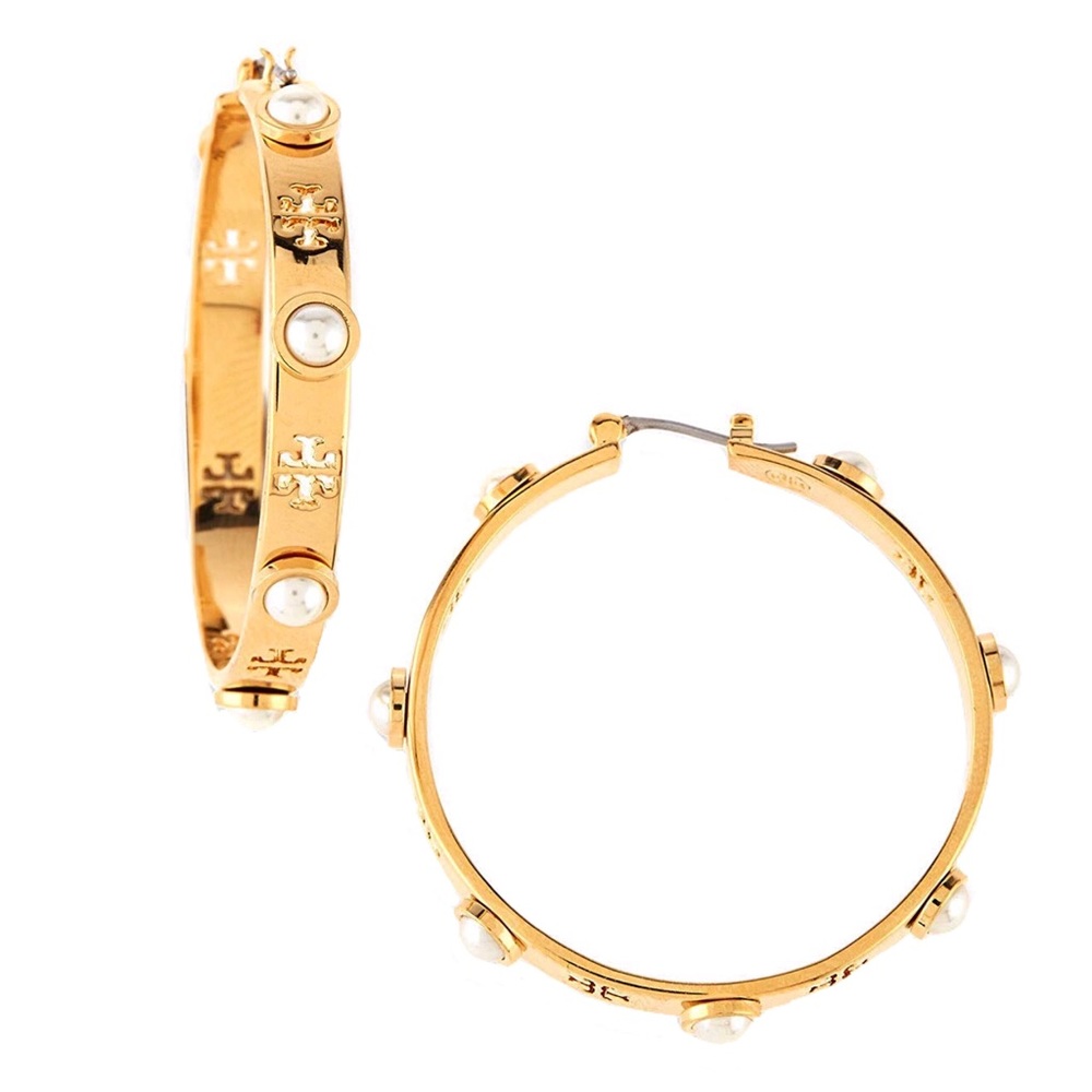 TORY BURCH • Gold Pearl Logo Hoop Earrings - Picture 3 of 4